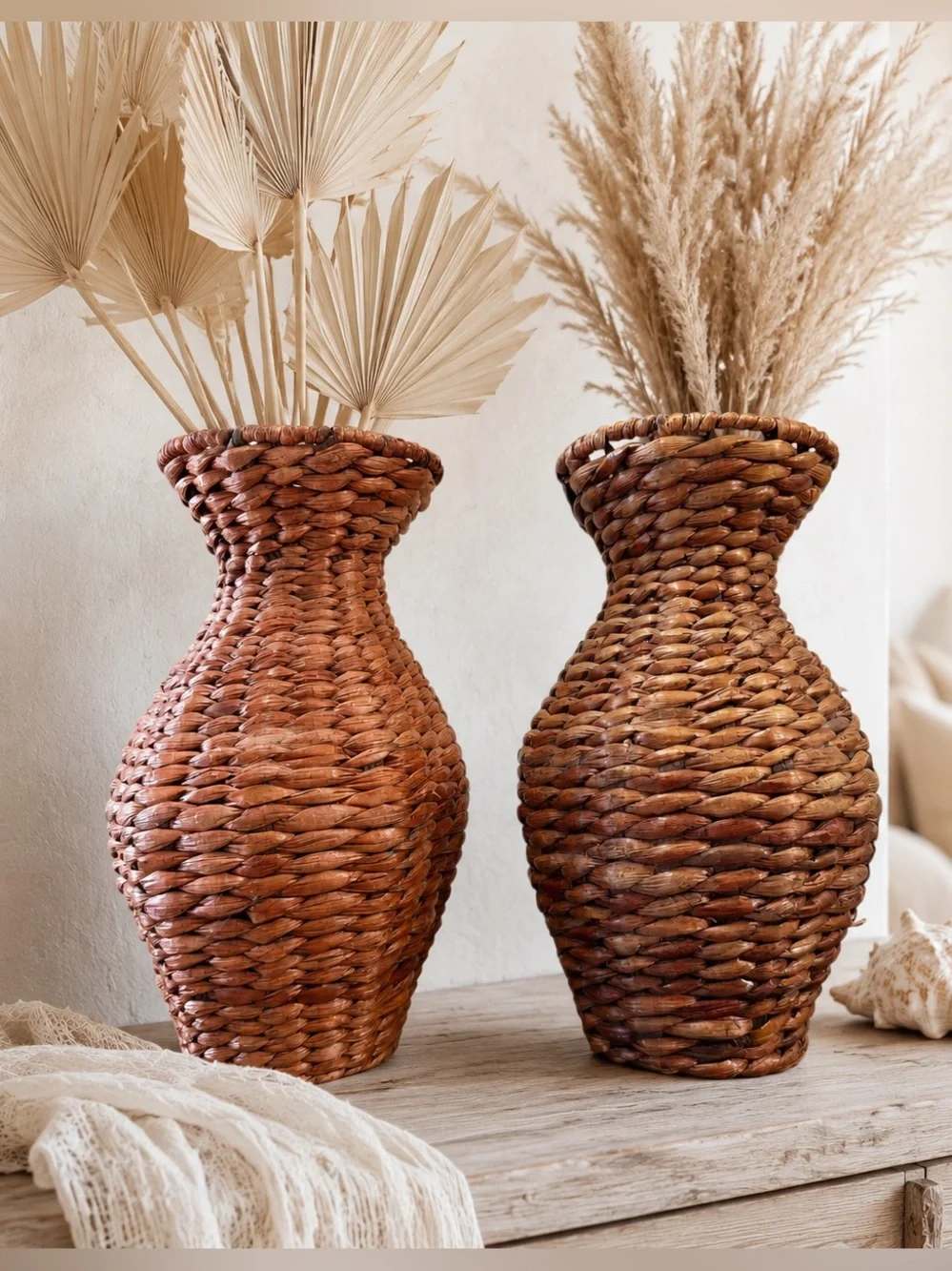 Pair Woven Rattan Vase Baskets Boho Coastal Farmhouse Rustic Home Décor